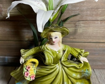 Vintage LEFTON Lady Planter - Blond ;Southern Belle w/ Blond Hair & Flower Basket #4226B