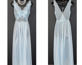 Exclusive Collection - Seductive Vintage 1950's VANITY FAIR Baby Blue Semi-Sheer Nylon & Lace Bodice Nightgown 32