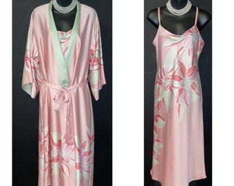 1980-90's Vintage Natori Luxury Exotic Floral Matte Poly Satin Nightgown & Robe Set S