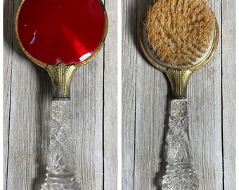 Vintage 1930's Fanciest Cut Clear Glass Handle & Red Hairbrush