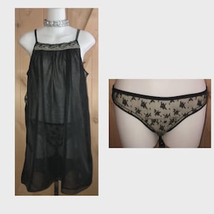 Vintage 1960&#39;s MOLLA KAYE Black Illusion Lace Chiffon Babydoll & Panties 38