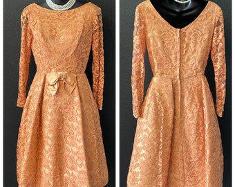 Vintage 1950's Copper Lace Overlay Evening / Cocktail Dress 34