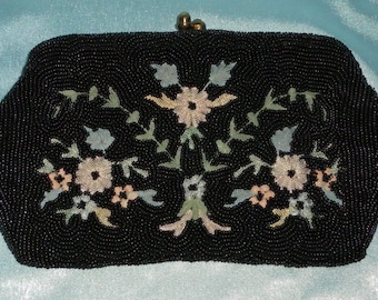 Vintage 1950's Black Beaded / Pastel Flowers Kiss Lock Evening Bag / Clutch Purse