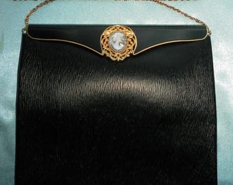 Clearance!  New/Old Stock Vintage 1970's Vogue Designer JERRY MOSS HOLIDAY Very Upscale Mod Black Purse / Handbag - Cameo Closure