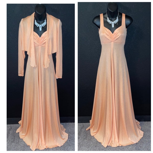 Mod Grand Sweeping 1970's Vintage Diva Maxi Cocktail Hostess Gown w/ Matching Bolero Jacket 32-38 A-B