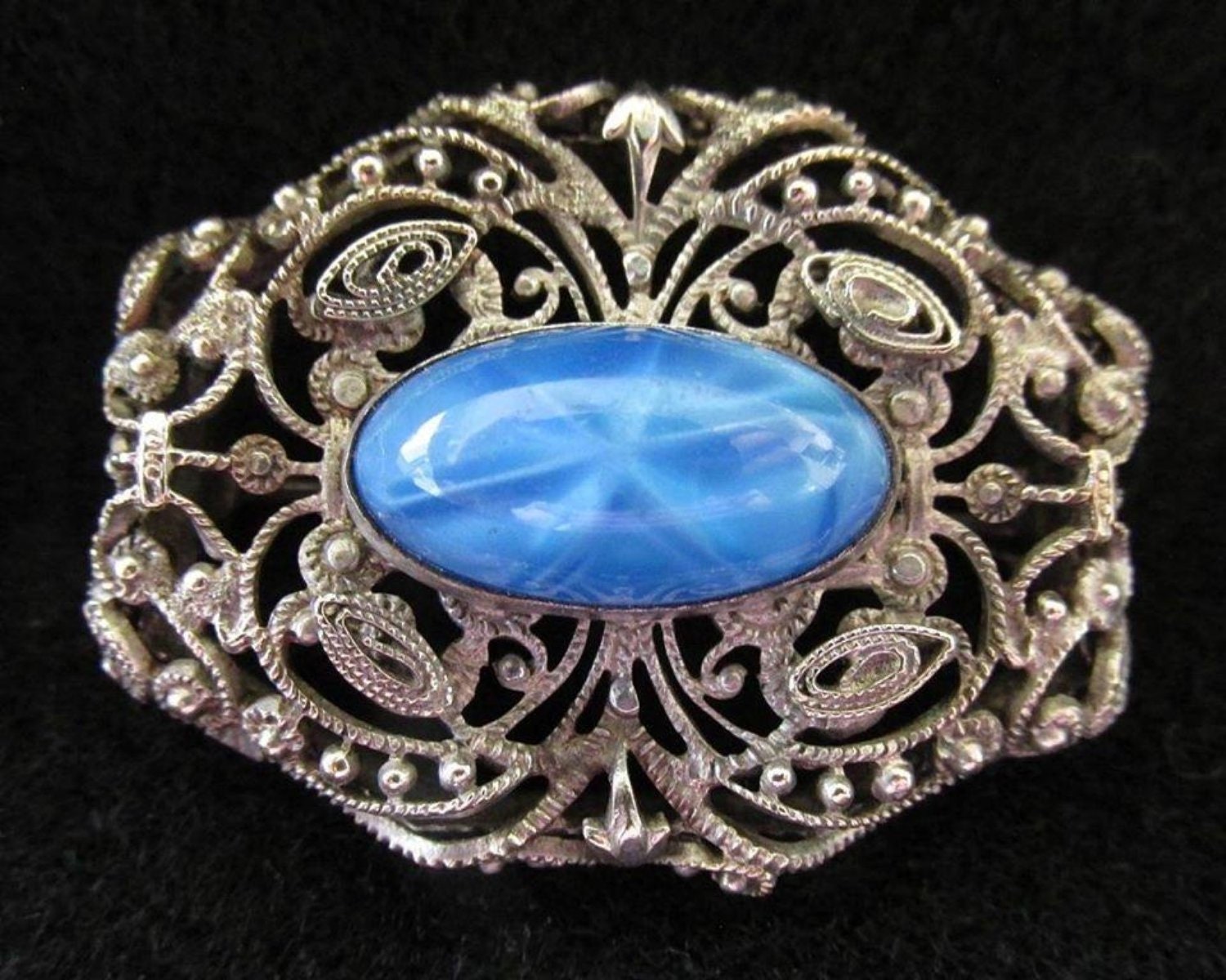 Vintage Blue Rhinestone Filigree Brooch, Square Shape