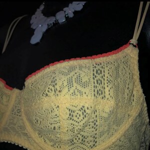May include: A yellow lace bra with orange trim. The bra has adjustable straps and a delicate floral pattern. The bra is a lingerie item.