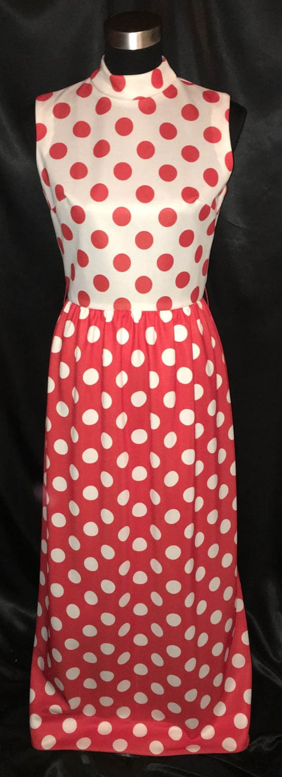 Vintage 1970's Red & White Polka Dot Polyester Sl… - image 1