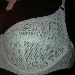 May include: A light blue bra with a delicate lace pattern. The bra features adjustable straps and a contrasting lavender trim along the top edge. The intricate design and soft color create a feminine aesthetic.