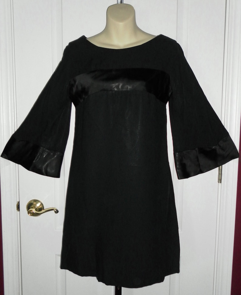FREE USA SHIPPING!! Vintage 1960/'s Formal Black Bell Sleeve Mini Dress w Satin Accents 34