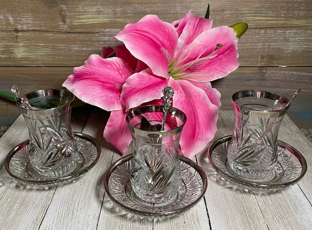 9 Piece Cut Glass Turkish Tea Cup Set W/ Silver Gilding Cups, Saucers