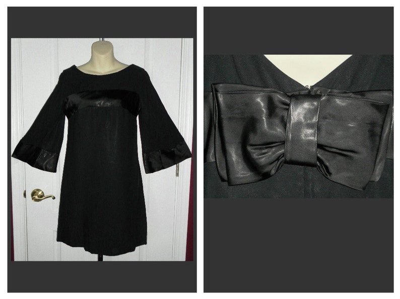 FREE USA SHIPPING!! Vintage 1960/'s Formal Black Bell Sleeve Mini Dress w Satin Accents 34