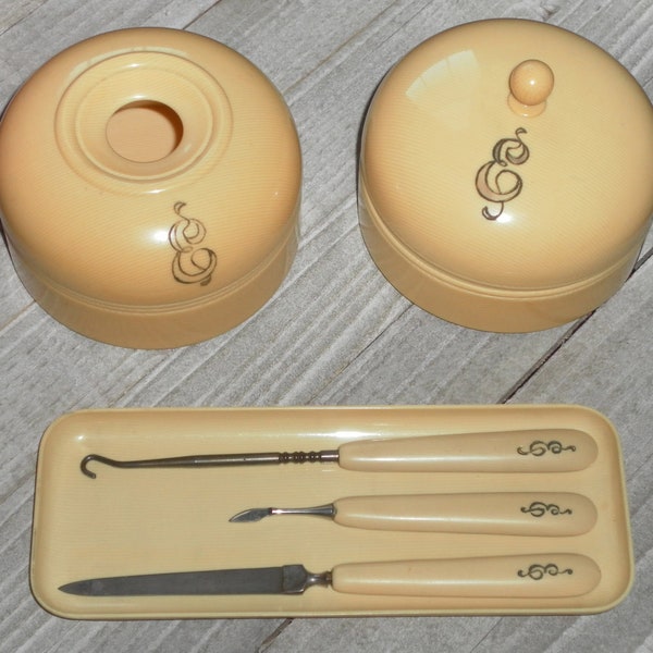 Vintage 8 Piece French Ivory Colored Celluloid Dresser / Vanity Set - Powder, Nail, Button Hook, Hair Receiver