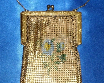 FREE USA SHIPPING!!  Vintage 1920's Shiny Gold Mesh Flapper Purse Bag w / Single Blue Enamel Flower