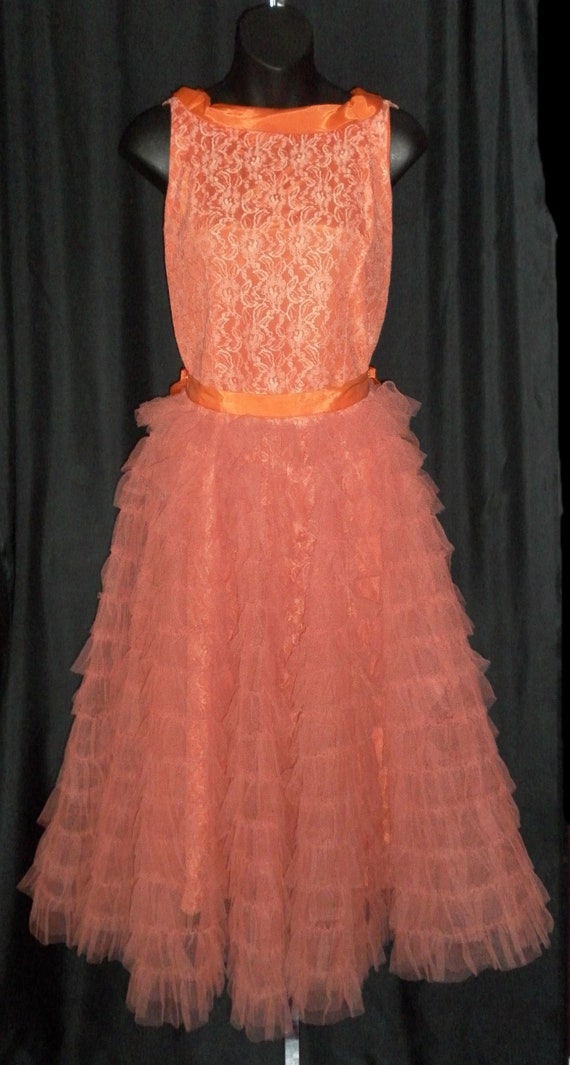 Unique Vintage 2 Piece Burnt Orange Lace Dress w/ 