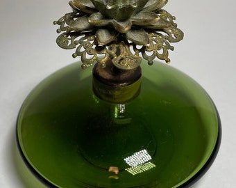 Sleek Vintage 1940's Green Glass & Filigree Perfume Bottle