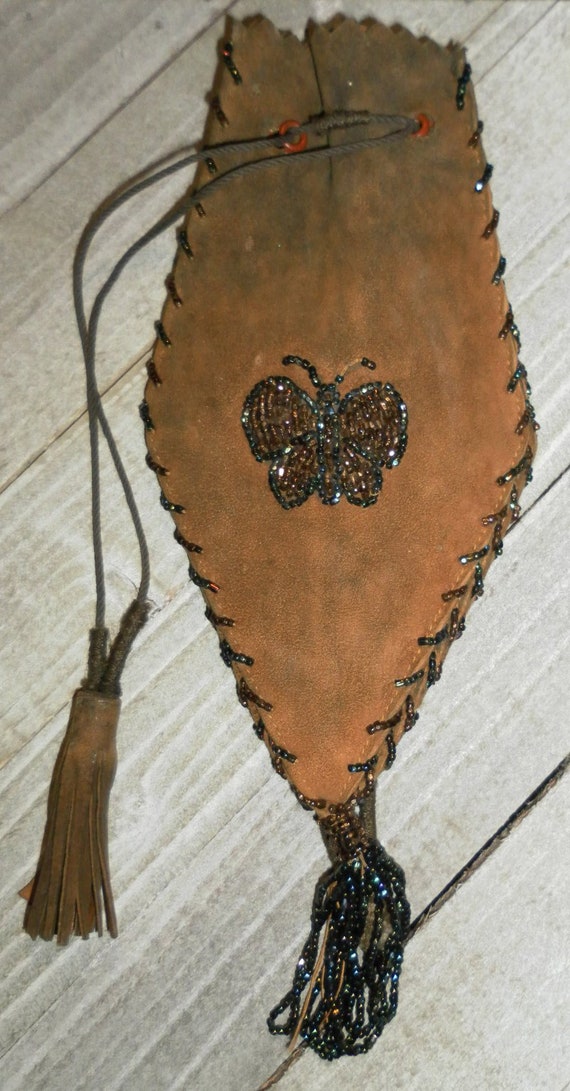 Handmade Vintage  Suede/Leather Beaded Pouch / Han