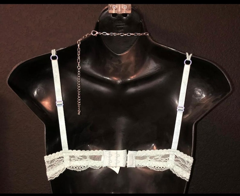 May include: A light green lace bra displayed on a black mannequin. The bra features adjustable straps and a silver chain. The back of the bra has a hook-and-eye closure. The bra is made of delicate lace.