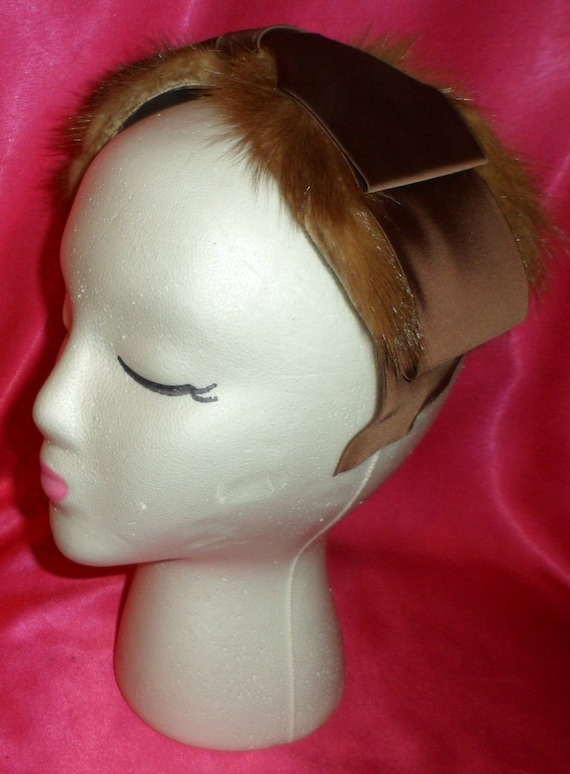 Vintage Mink & Satin Bow Chocolate Brown Headband 