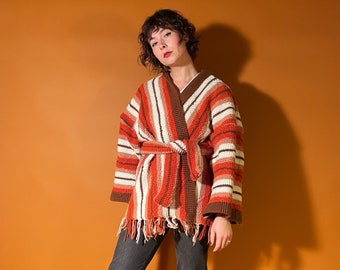 70s Style Cardigan Coat, Retro Afghan Coat, Orange and Brown Blanket Jacket