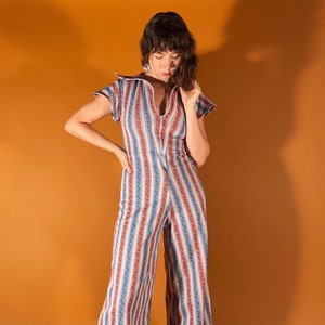 Red and blue striped jumpsuit sale
