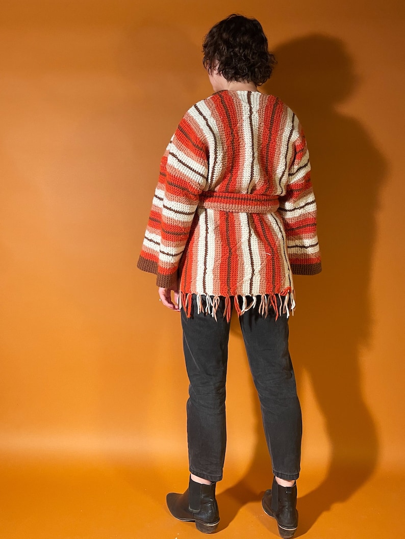 70s Style Cardigan Coat, Retro Afghan Coat, Orange and Brown Blanket Jacket image 6