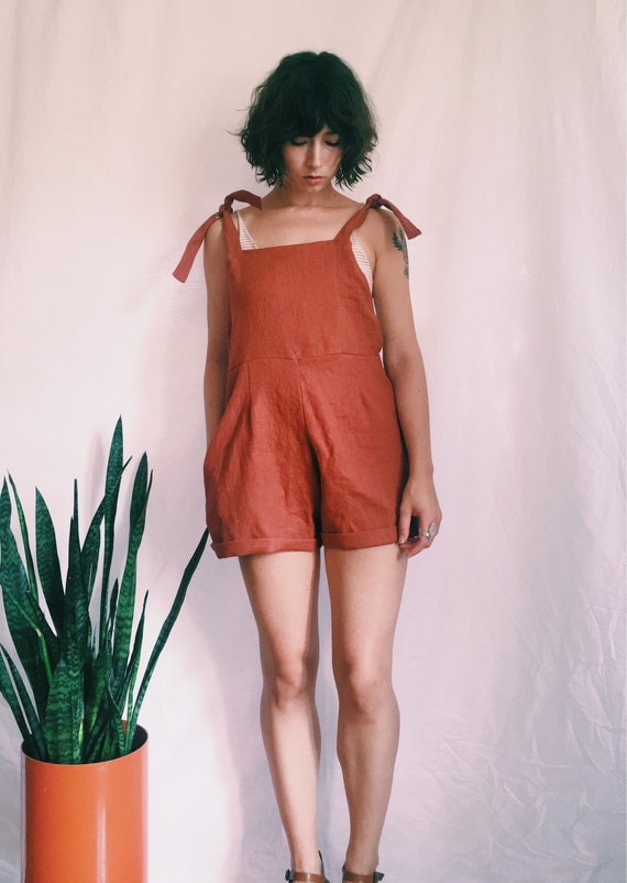 short linen overalls