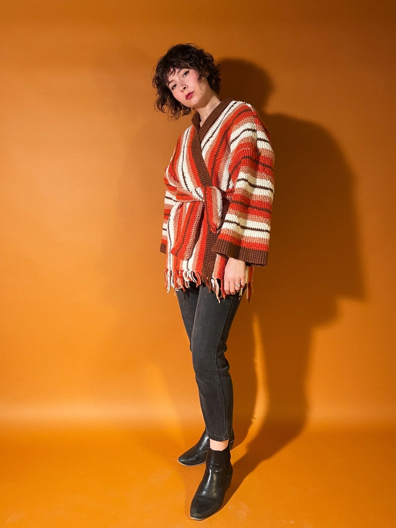 70s Style Cardigan Coat, Retro Afghan Coat, Orange and Brown Blanket Jacket image 8