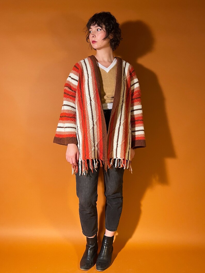 70s Style Cardigan Coat, Retro Afghan Coat, Orange and Brown Blanket Jacket image 3