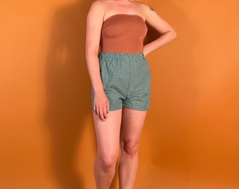 Elastic Waist Green Gingham Shorts