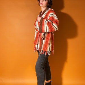 70s Style Cardigan Coat, Retro Afghan Coat, Orange and Brown Blanket Jacket image 5