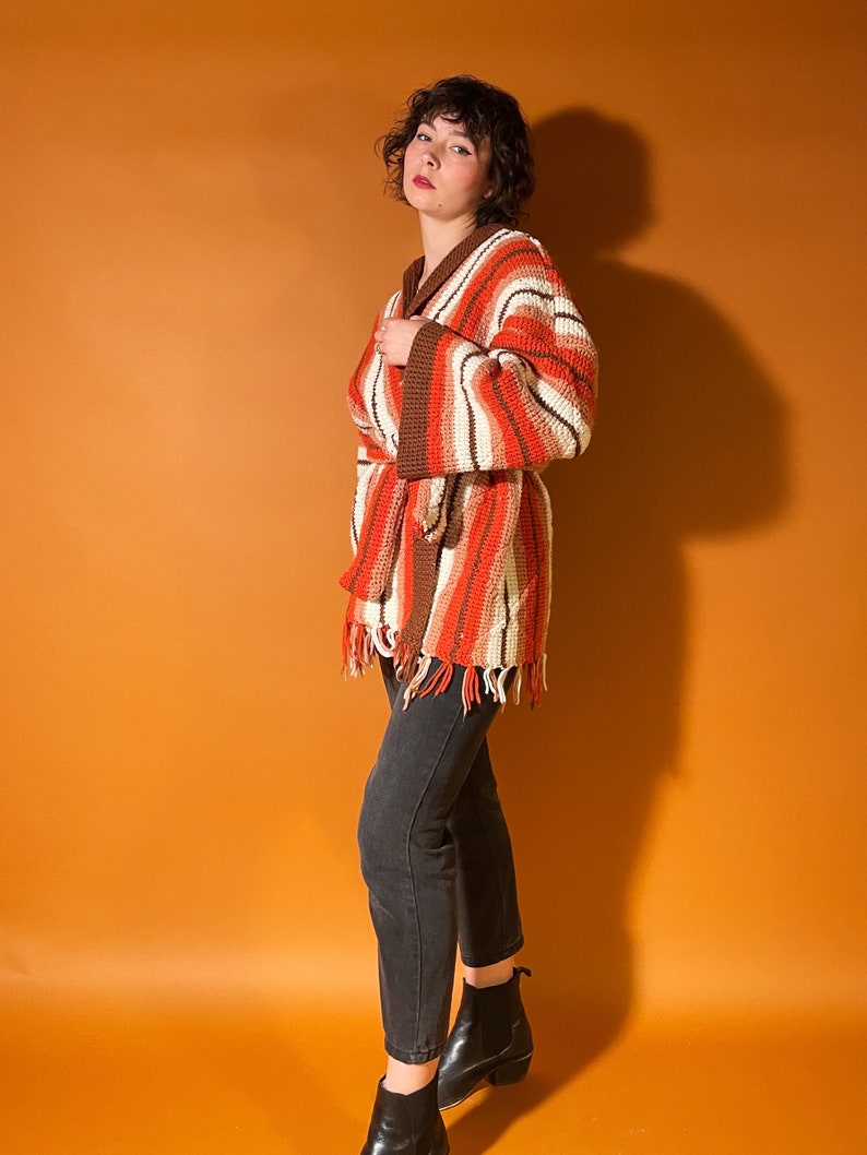 70s Style Cardigan Coat, Retro Afghan Coat, Orange and Brown Blanket Jacket image 5