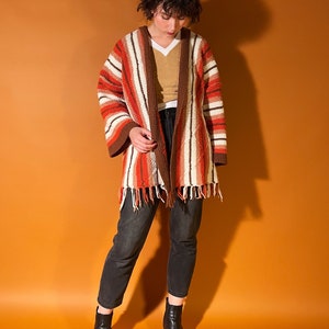 70s Style Cardigan Coat, Retro Afghan Coat, Orange and Brown Blanket Jacket image 7