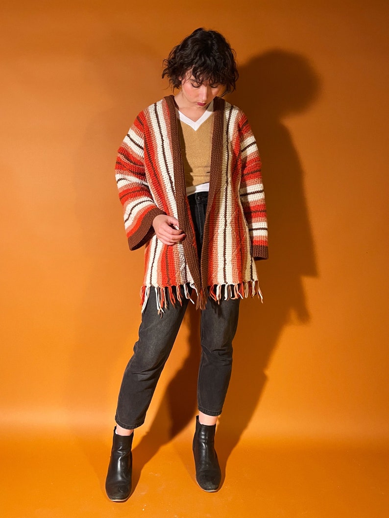 70s Style Cardigan Coat, Retro Afghan Coat, Orange and Brown Blanket Jacket image 7