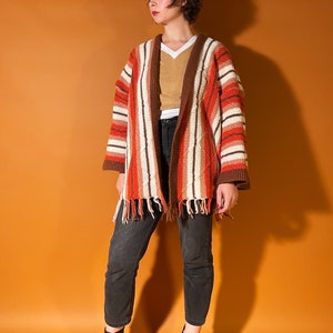 70s Style Cardigan Coat, Retro Afghan Coat, Orange and Brown Blanket Jacket image 9