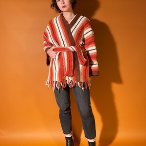 70s Style Cardigan Coat, Retro Afghan Coat, Orange and Brown Blanket Jacket image 2