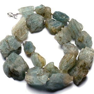 Natural Gem Aquamarine Rough Unpolished Nugget Beads Necklace 18 Inch Full Strand 12 to 24mm Broad and 18 to 28mm Long Beads Natural Beryl