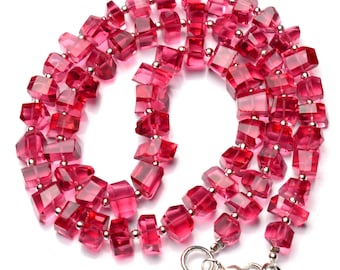 Rubellit turmalinfärgad hydrokvarts 7 till 9 mm stora fasetterade nuggetformade pärlor 16" halsband rosa färg superfin kvalitet