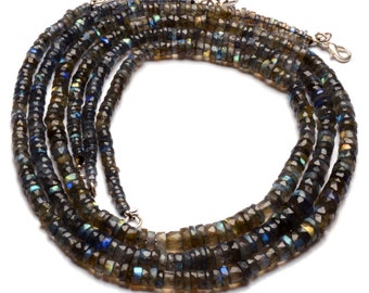Labradorita arcoíris de fuego natural, de 5 a 7 mm, con cuentas facetadas en forma de heishi, collar de 16,5"