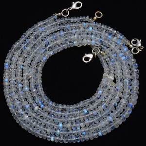 Natural Gemstone White Rainbow Moonstone 4 to 6MM Faceted Rondelle Beads 17 Inch Full Strand Super Flashing Blue Fire Fine Quality Necklace