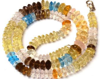 Multicolour Quartz Gemstone 7 to 10 mm Size Faceted German cut Rondelle Beads 18.5" Necklace