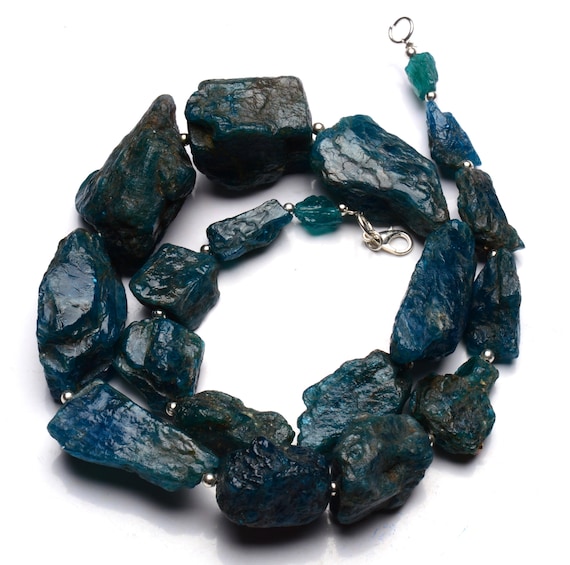 Natural Blue Gemstone Neon Apatite Necklace, Rough Unpolished Semiprecious Nugget Beads 21" Full Strand 9-27MM Broad and 10-27MM Long Beads