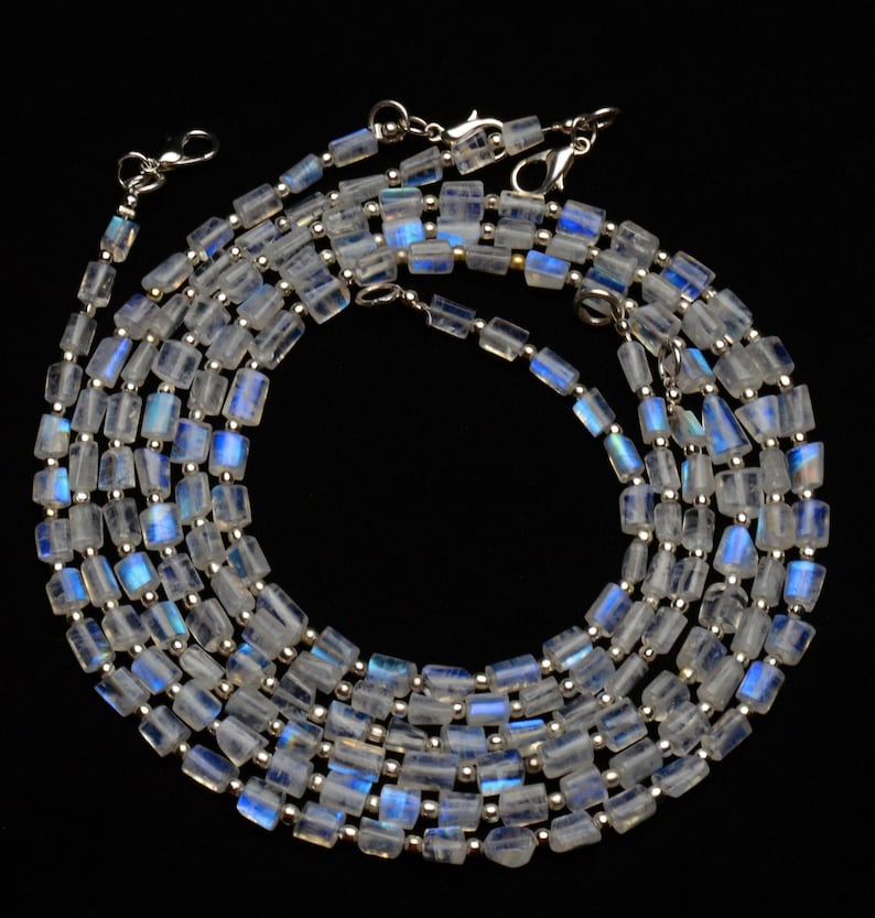 natural gemstone rainbow moonstone AAA quality blue fire beads 18 inch necklace 5 to 6mm broad and 5 to 7mm long size nugget beads