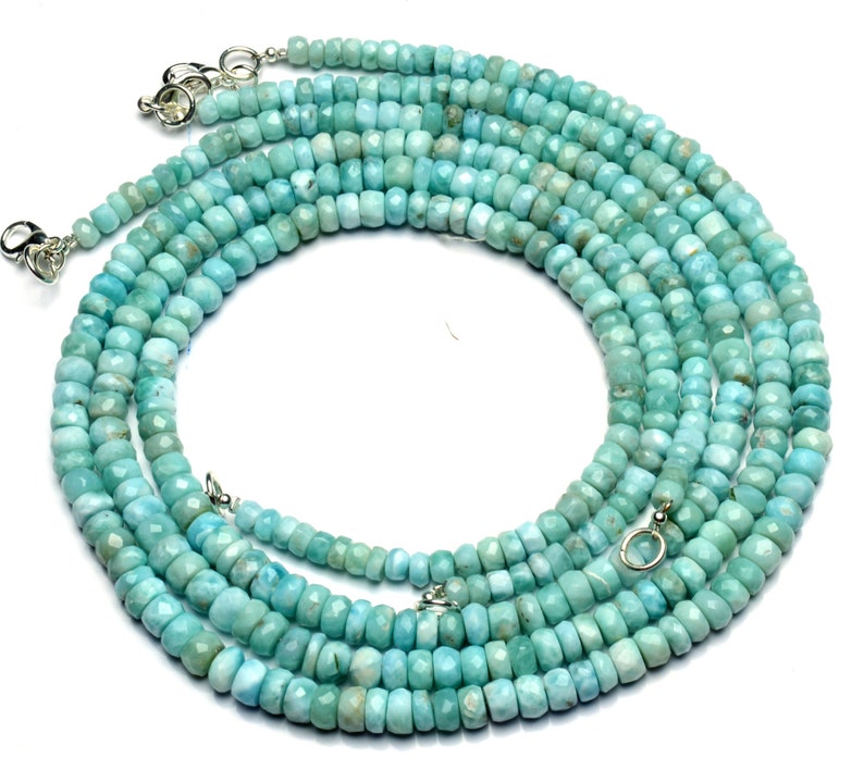 Super Rare Natural Gemstone Larimar 5 to 6.5MM Size Faceted Rondelle Beads Necklace 17.5 Inch Full Strand Super Fine Quality Gem Beads