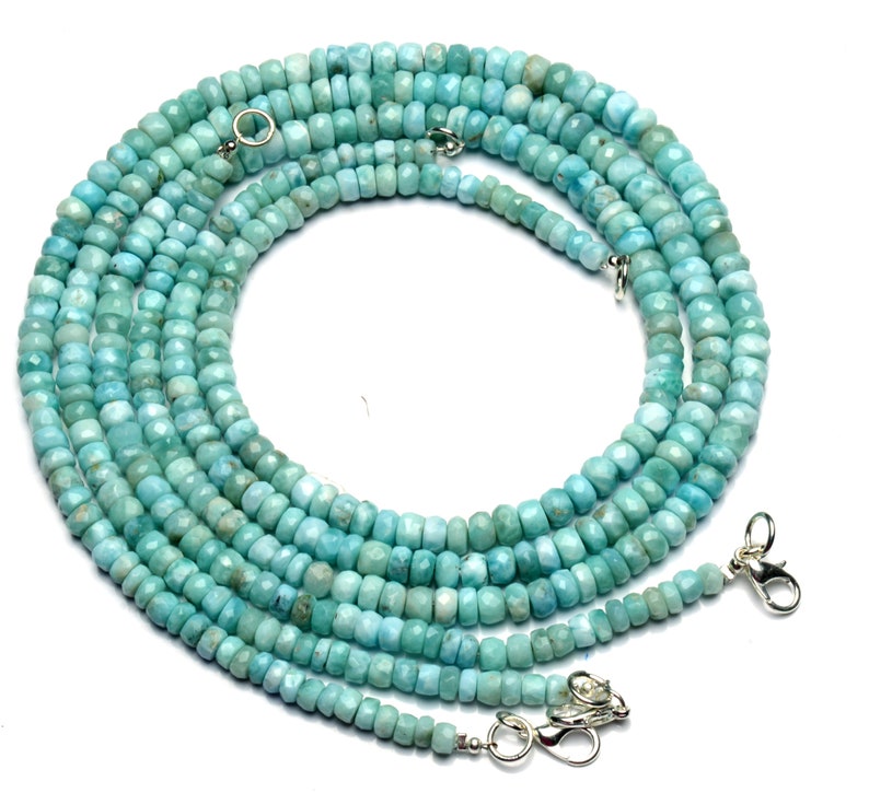 Super Rare Natural Gemstone Larimar 5 to 6.5MM Size Faceted Rondelle Beads Necklace 17.5 Inch Full Strand Super Fine Quality Gem Beads