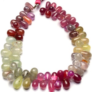 Natural Gemstone Multi Color Sapphire, 9x6 to 10x7mm Size Smooth Teardrop Shape Beads, 9 Inch Full Strand