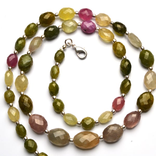 Natural Gemstone Multicolor Sapphire 6 to 11MM Broad & 8 to 15MM Long Facet Nuggets 21.5" Full Strand Sapphire Hand Polished Beads Necklace