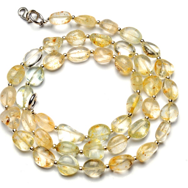 natural gem heliodor necklace,  8-9mm broad and 9-11mm long freeform nugget beads, 21 inch length, yellow beryl