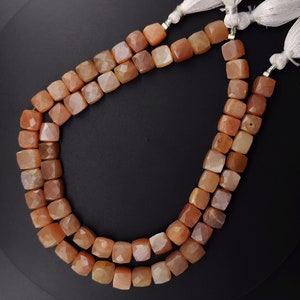 Natural Gem Peach Moonstone Beads, 8 mm Size Faceted Cube Shape, 10.5 Inch Full Strand