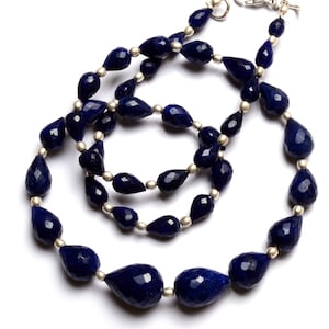 Natural Gemstone Corundum Blue Sapphire Color Faceted Teardrop Briolette 17&quot; Full Strand 4x6 to 10x14MM AAA Quality Natural Corundum Dyed